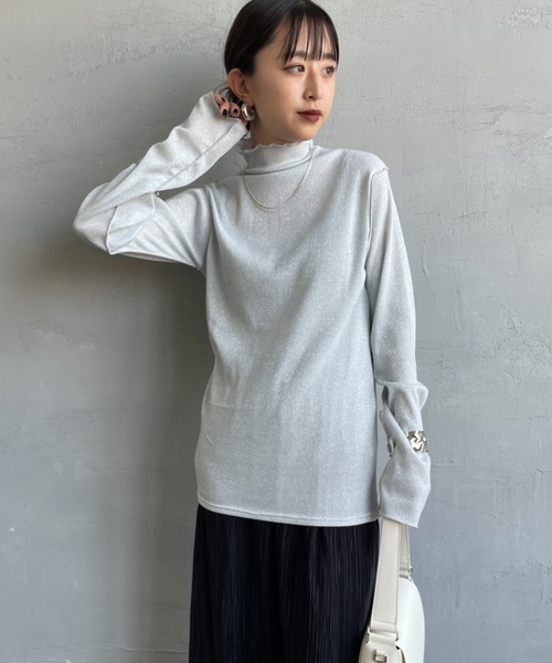 nenom（ネノム）の「[nenom/ネノム] ハイネックラメニットソー（Tシャツ/カットソー・レディース・ブラック/オフホワイト/グレー・F）」の14枚目の写真