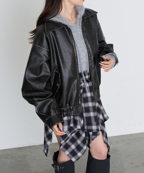 RAY CASSIN（レイカズン）の「レザーブルゾン（ブルゾン・レディース・ベージュ系その他2/ブラウン/ブラック・FREE）」の14枚目の写真