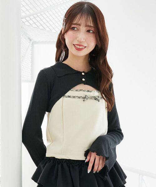 MAJESTIC LEGON（マジェスティックレゴン）の「バイカラーキャミ＆ショートボレロセット（ニット/セーター・レディース・ブラック/ベージュ/アイボリー/ブラック系その他・MEDIUM）」の2枚目の写真