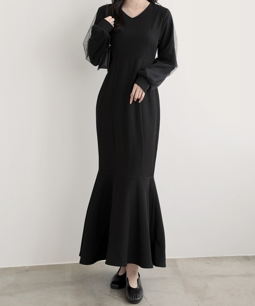 nouvellemoi(ヌーベルモイ)の「Vネックシアースリーブマーメイドワンピース(ワンピース・レディース・ブラック/チャコール/アイボリー・L/M/S)」の18枚目の写真