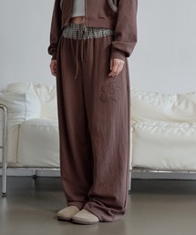 【豊富な4カラー展開】【スタイリッシュにセットアップ着用おすすめ】ウエストゴムフラワーアプリケットバイカラーチェック配色スウェットパンツ