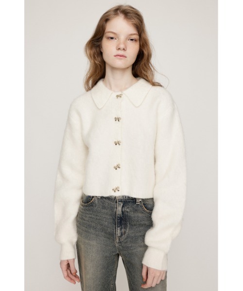 SLY（スライ）の「RIBBON BUTTON SHAGGY C/D リボンボタン シャギー カーデ 秋服 冬服（カーディガン/ボレロ・レディース・ライトイエロー/グレー/アイボリー・FREE）」の5枚目の写真