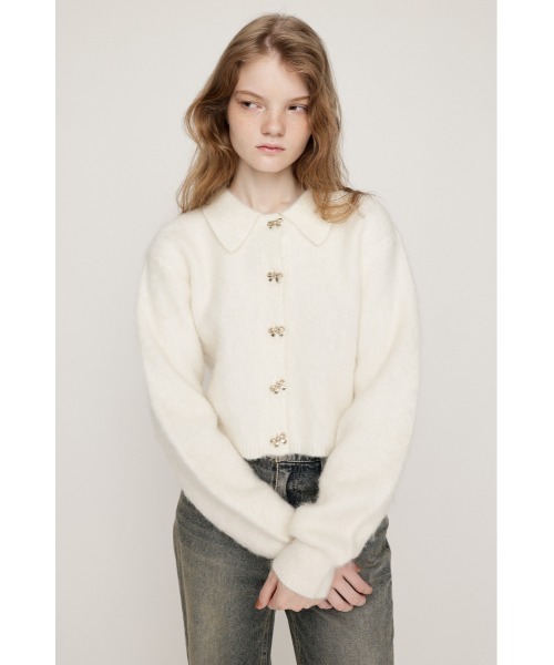 SLY（スライ）の「RIBBON BUTTON SHAGGY C/D リボンボタン シャギー カーデ 秋服 冬服（カーディガン/ボレロ・レディース・ライトイエロー/グレー/アイボリー・FREE）」の6枚目の写真