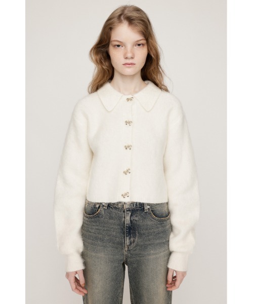 SLY（スライ）の「RIBBON BUTTON SHAGGY C/D リボンボタン シャギー カーデ 秋服 冬服（カーディガン/ボレロ・レディース・ライトイエロー/グレー/アイボリー・FREE）」の7枚目の写真