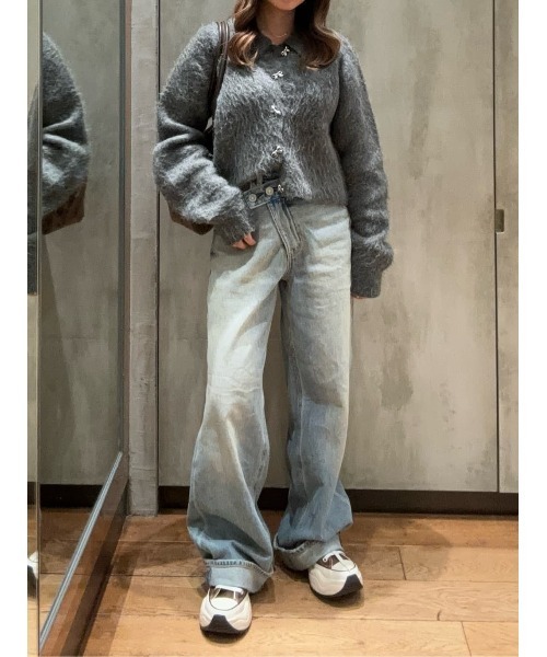 SLY(スライ)の「RIBBON BUTTON SHAGGY C/D リボンボタン シャギー カーデ 秋服 冬服(カーディガン/ボレロ・レディース・ライトイエロー/グレー/アイボリー・FREE)」の11枚目の写真