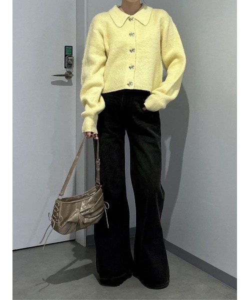 セール】RIBBON BUTTON SHAGGY C/D リボンボタン シャギー カーデ 秋服