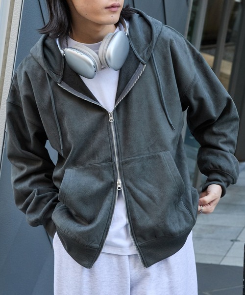 MONO-MART（モノマート）の「スウェードライク ボア オーバーサイズダブルジップパーカー（パーカー・メンズ・ブラック/ダークグレー/ブラウン/ライトグレー・L/M）」の3枚目の写真