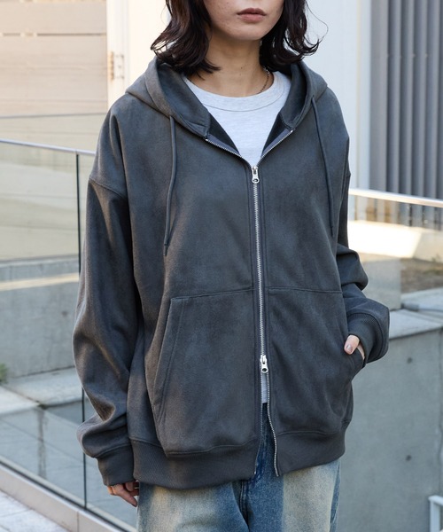 MONO-MART（モノマート）の「スウェードライク ボア オーバーサイズダブルジップパーカー（パーカー・メンズ・ブラック/ダークグレー/ブラウン/ライトグレー・L/M）」の7枚目の写真