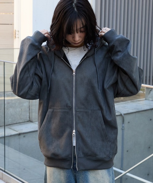MONO-MART（モノマート）の「スウェードライク ボア オーバーサイズダブルジップパーカー（パーカー・メンズ・ブラック/ダークグレー/ブラウン/ライトグレー・L/M）」の8枚目の写真