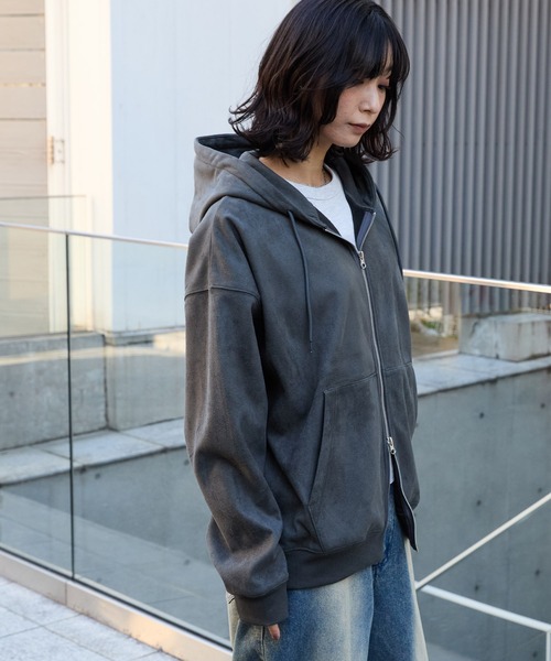 MONO-MART（モノマート）の「スウェードライク ボア オーバーサイズダブルジップパーカー（パーカー・メンズ・ブラック/ダークグレー/ブラウン/ライトグレー・L/M）」の9枚目の写真