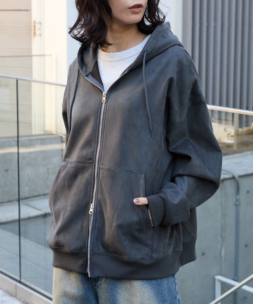 MONO-MART（モノマート）の「スウェードライク ボア オーバーサイズダブルジップパーカー（パーカー・メンズ・ブラック/ダークグレー/ブラウン/ライトグレー・L/M）」の10枚目の写真