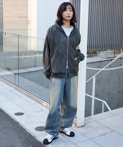 MONO-MART（モノマート）の「スウェードライク ボア オーバーサイズダブルジップパーカー（パーカー・メンズ・ブラック/ダークグレー/ブラウン/ライトグレー・L/M）」の12枚目の写真