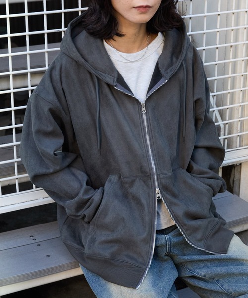 MONO-MART（モノマート）の「スウェードライク ボア オーバーサイズダブルジップパーカー（パーカー・メンズ・ブラック/ダークグレー/ブラウン/ライトグレー・L/M）」の6枚目の写真