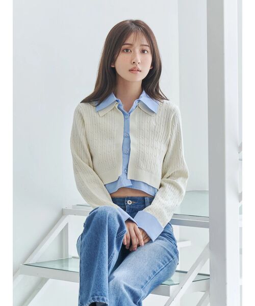 U.S. POLO ASSN.（ユーエスポロアッスン）の「U.S. POLO ASSN.別注シャツレイヤード風ケーブルカーディガン（カーディガン/ボレロ・レディース・グレー/ブラック/アイボリー・FREE）」の6枚目の写真