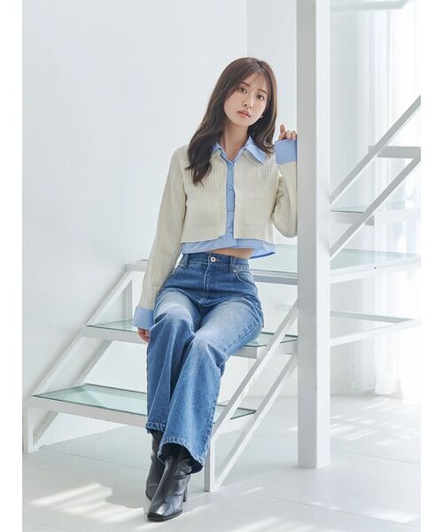 U.S. POLO ASSN.（ユーエスポロアッスン）の「U.S. POLO ASSN.別注シャツレイヤード風ケーブルカーディガン（カーディガン/ボレロ・レディース・グレー/ブラック/アイボリー・FREE）」の5枚目の写真