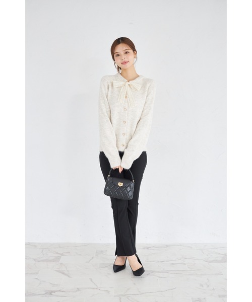 tocco closet（トッコ　クローゼット）の「【ZOZO限定】ハート釦レースボウタイニットカーディガン（カーディガン/ボレロ・レディース・アイボリー/ブラック/グレー・M）」の4枚目の写真