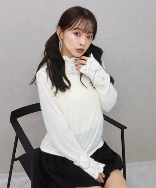 CECIL McBEE（セシルマクビー）の「レース切替ハイネックニットプルオーバー（ニット/セーター・レディース・ホワイト/ブラック・MEDIUM）」の2枚目の写真