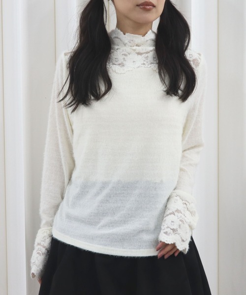 CECIL McBEE（セシルマクビー）の「レース切替ハイネックニットプルオーバー（ニット/セーター・レディース・ホワイト/ブラック・MEDIUM）」の9枚目の写真