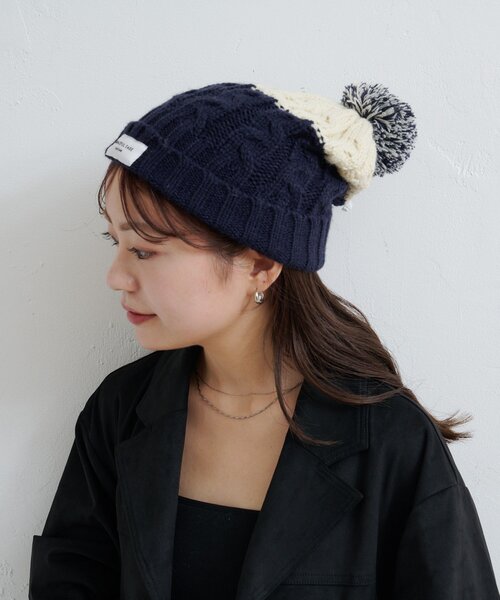 Kastane(カスタネ)の「MIXポンポンビーニー(ニットキャップ/ビーニー・レディース・カーキ/ネイビー・FREE)」の6枚目の写真