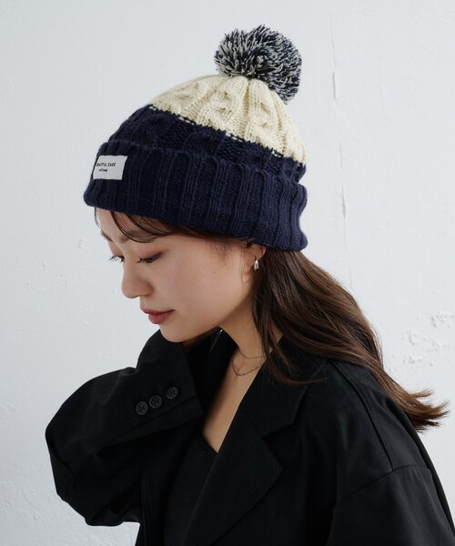 Kastane(カスタネ)の「MIXポンポンビーニー(ニットキャップ/ビーニー・レディース・カーキ/ネイビー・FREE)」の7枚目の写真