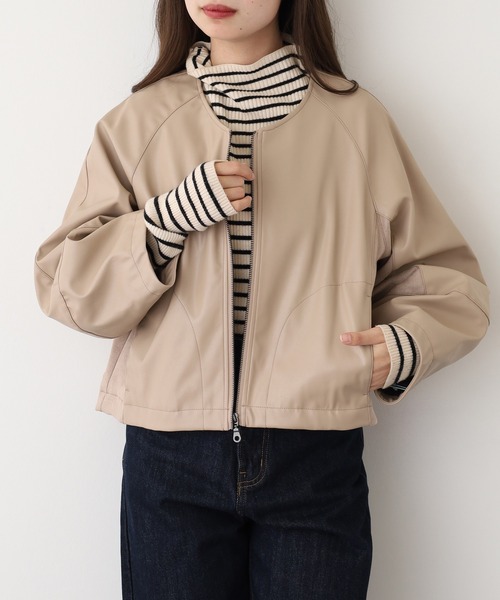EGLANTINE(エグランティーヌ)の「EGLANTINE フェイクレザージャケット(ノーカラージャケット・レディース・ダークブラウン/チャコールグレー/ベージュ・38)」の13枚目の写真