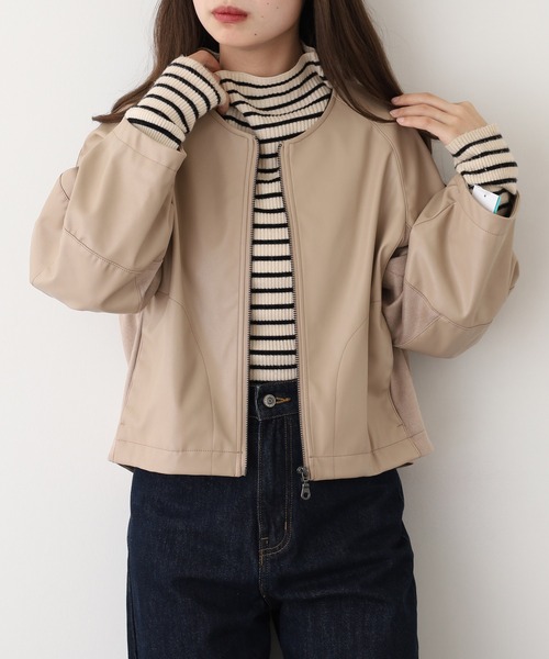 EGLANTINE(エグランティーヌ)の「EGLANTINE フェイクレザージャケット(ノーカラージャケット・レディース・ダークブラウン/チャコールグレー/ベージュ・38)」の14枚目の写真