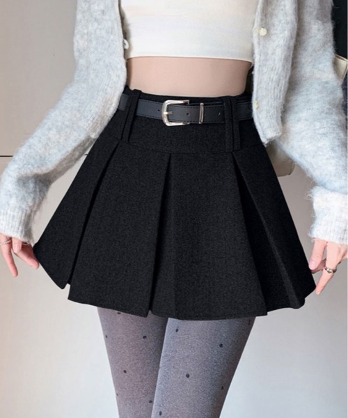 kirakiraShop（キラキラショップ）の「ウールタッチ ベルト付き プリーツ ミニ スカート（スカート・レディース・ブラック/チャコール・M/S/L）」の12枚目の写真