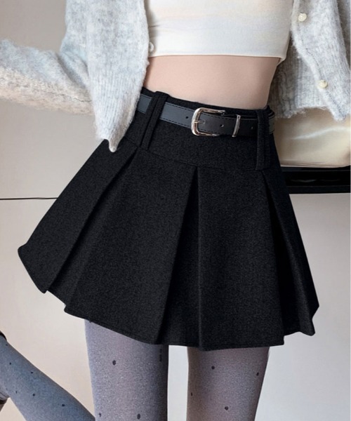 kirakiraShop（キラキラショップ）の「ウールタッチ ベルト付き プリーツ ミニ スカート（スカート・レディース・ブラック/チャコール・M/S/L）」の13枚目の写真