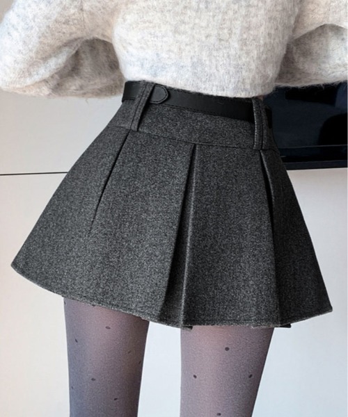 kirakiraShop（キラキラショップ）の「ウールタッチ ベルト付き プリーツ ミニ スカート（スカート・レディース・ブラック/チャコール・M/S/L）」の15枚目の写真