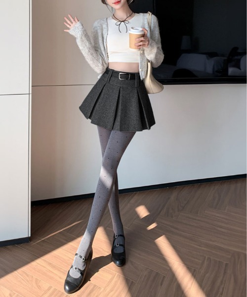 kirakiraShop（キラキラショップ）の「ウールタッチ ベルト付き プリーツ ミニ スカート（スカート・レディース・ブラック/チャコール・M/S/L）」の16枚目の写真