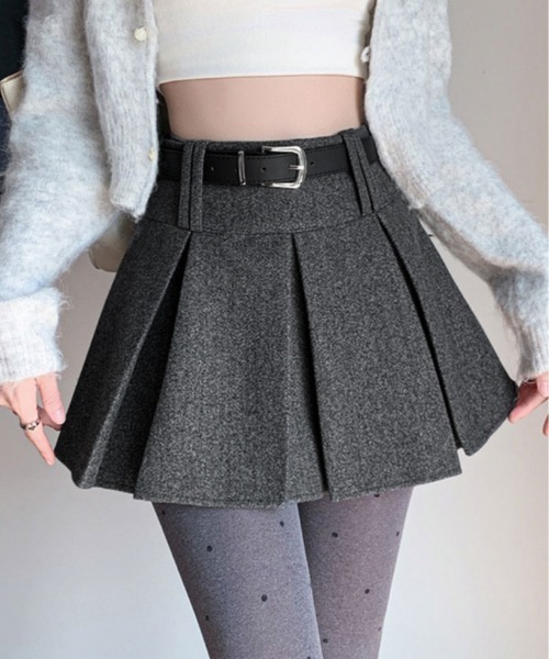 kirakiraShop（キラキラショップ）の「ウールタッチ ベルト付き プリーツ ミニ スカート（スカート・レディース・ブラック/チャコール・M/S/L）」の9枚目の写真