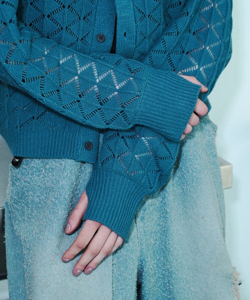 セール】Bijou collar openwork knit cardigan / ビジューカラー透かし