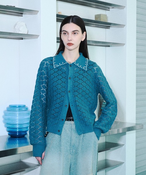 seyto(セイト)の「Bijou collar openwork knit cardigan / ビジューカラー透かし編みニットカーディガン(カーディガン/ボレロ・メンズ・ブラック/ブルー・2/3)」の14枚目の写真