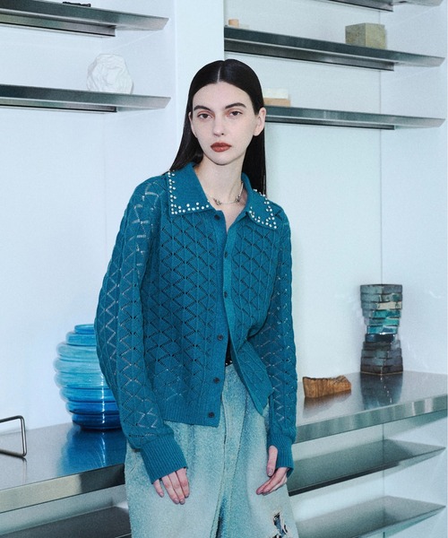 seyto(セイト)の「Bijou collar openwork knit cardigan / ビジューカラー透かし編みニットカーディガン(カーディガン/ボレロ・メンズ・ブラック/ブルー・2/3)」の16枚目の写真