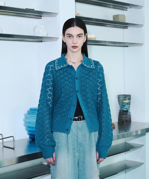 seyto(セイト)の「Bijou collar openwork knit cardigan / ビジューカラー透かし編みニットカーディガン(カーディガン/ボレロ・メンズ・ブラック/ブルー・2/3)」の19枚目の写真