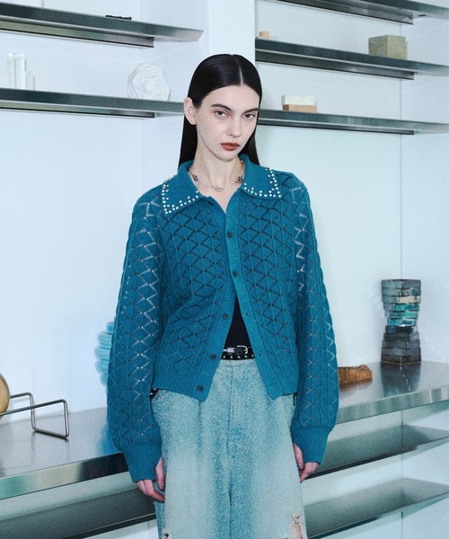 seyto(セイト)の「Bijou collar openwork knit cardigan / ビジューカラー透かし編みニットカーディガン(カーディガン/ボレロ・メンズ・ブラック/ブルー・2/3)」の20枚目の写真