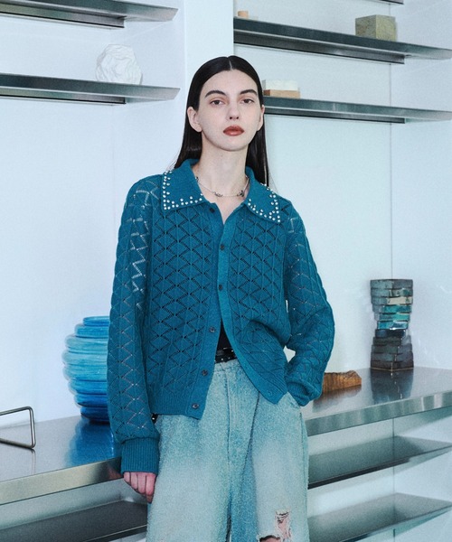 seyto(セイト)の「Bijou collar openwork knit cardigan / ビジューカラー透かし編みニットカーディガン(カーディガン/ボレロ・メンズ・ブラック/ブルー・2/3)」の21枚目の写真