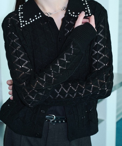 seyto(セイト)の「Bijou collar openwork knit cardigan / ビジューカラー透かし編みニットカーディガン(カーディガン/ボレロ・メンズ・ブラック/ブルー・2/3)」の12枚目の写真
