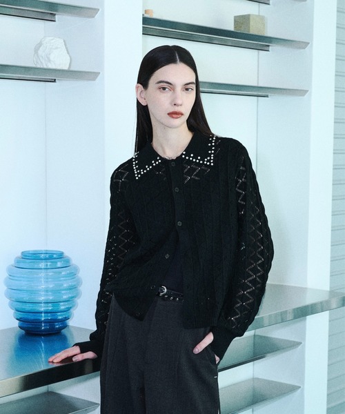Bijou collar openwork knit cardigan / ビジューカラー透かし編み