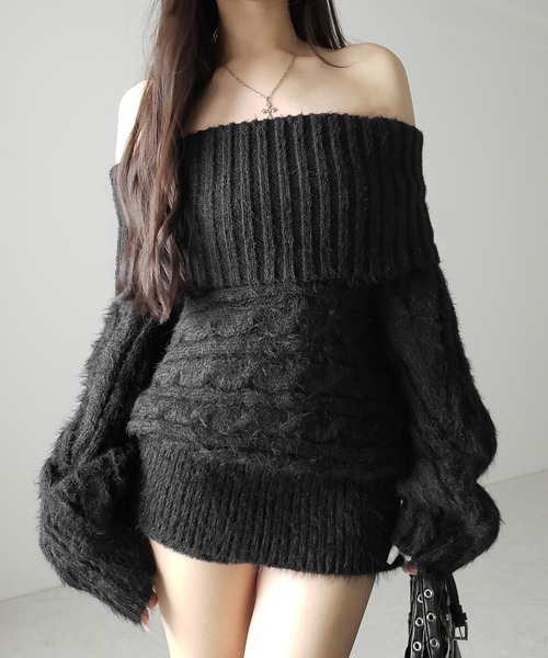 2color 】ワイドリブオフショルダーニットミニワンピース ／ wide rib