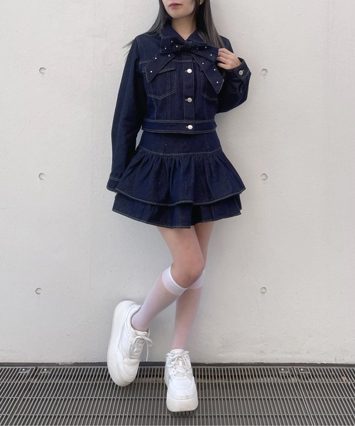 abc une face(アーベーセーアンフェイス)の「【セットアップ対応アイテム】リボン付きGジャン(その他アウター・レディース・インディゴブルー/ホワイト/ブラック・FREE)」の8枚目の写真