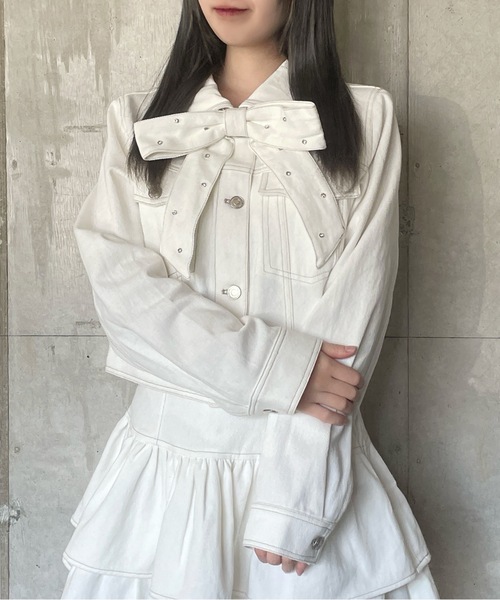 abc une face(アーベーセーアンフェイス)の「【セットアップ対応アイテム】リボン付きGジャン(その他アウター・レディース・インディゴブルー/ホワイト/ブラック・FREE)」の4枚目の写真