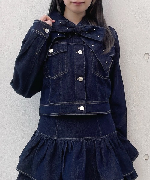 abc une face(アーベーセーアンフェイス)の「【セットアップ対応アイテム】リボン付きGジャン(その他アウター・レディース・インディゴブルー/ホワイト/ブラック・FREE)」の6枚目の写真