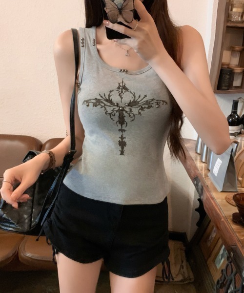 lilful（リルフル）の「【26年春夏新作】スタッズ付き Y2Kデザインタンクトップキャミソール（タンクトップ・レディース・ブラック/グレー/ホワイト/ブラウン・F）」の22枚目の写真