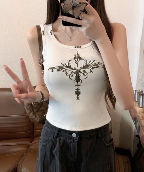 lilful（リルフル）の「【26年春夏新作】スタッズ付き Y2Kデザインタンクトップキャミソール（タンクトップ・レディース・ブラック/グレー/ホワイト/ブラウン・F）」の6枚目の写真
