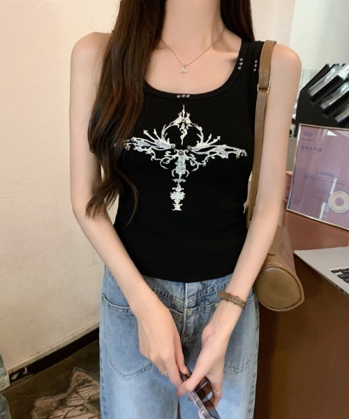 lilful（リルフル）の「【26年春夏新作】スタッズ付き Y2Kデザインタンクトップキャミソール（タンクトップ・レディース・ブラック/グレー/ホワイト/ブラウン・F）」の20枚目の写真