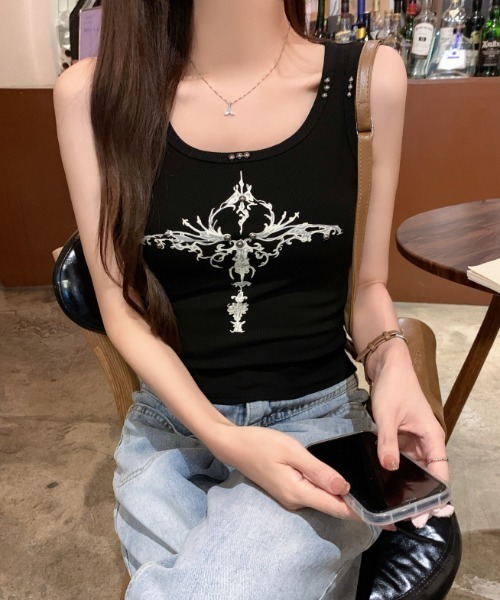lilful（リルフル）の「【26年春夏新作】スタッズ付き Y2Kデザインタンクトップキャミソール（タンクトップ・レディース・ブラック/グレー/ホワイト/ブラウン・F）」の14枚目の写真