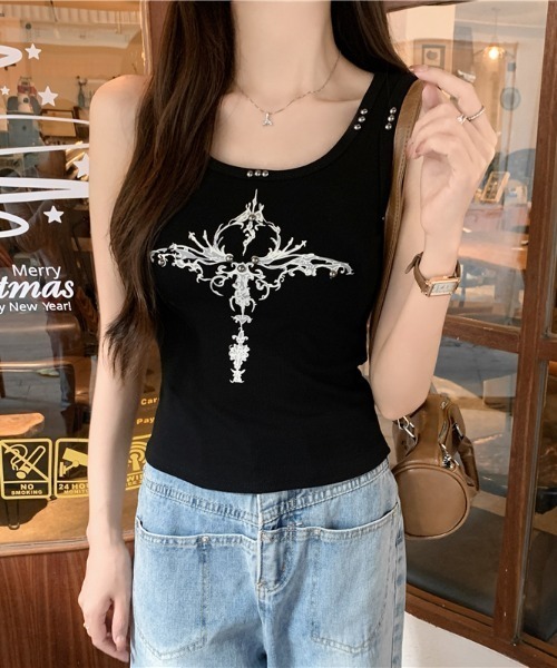 lilful（リルフル）の「【26年春夏新作】スタッズ付き Y2Kデザインタンクトップキャミソール（タンクトップ・レディース・ブラック/グレー/ホワイト/ブラウン・F）」の16枚目の写真