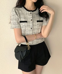 semuse（セミューズ）の「ツイードチェック風ノーカラー半袖ジャケット（ノーカラージャケット）」