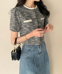 semuse（セミューズ）の「ツイードチェック風ノーカラー半袖ジャケット（ノーカラージャケット）」